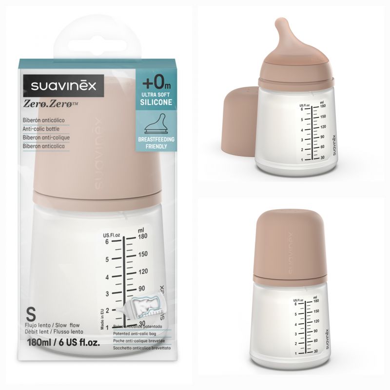 Suavinex BUTELKA ZERO ZERO Wolny Przepływ 180 ml Kolor MEDIUM 0m+