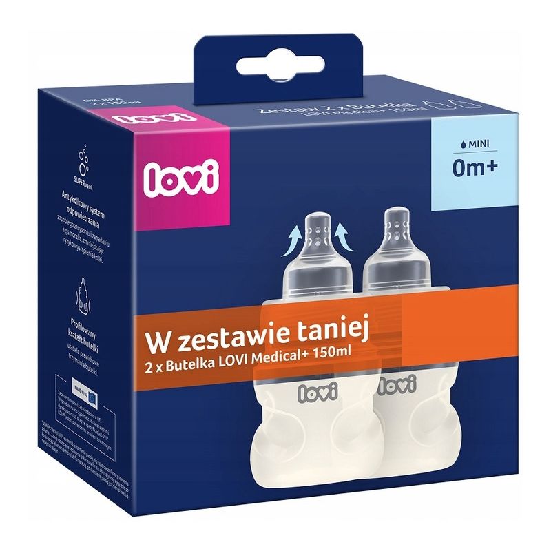 ZESTAW 2 Butelek LOVI Medical+ 2x 150 ml Smoczek SUPERVENT 0m+